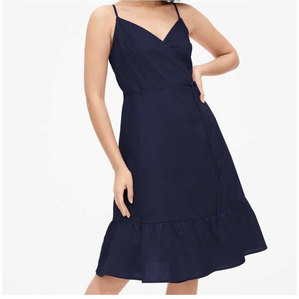 GAP  NWOT Linen Navy Blue Ruffle Wrap Cami Dress Sz M
